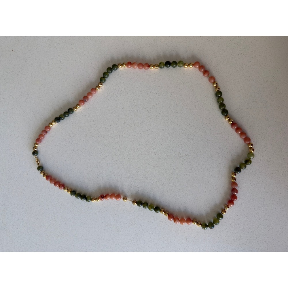 Green Jade Pink Rhodonite Beaded Necklace Gold Tone Spacer Accents